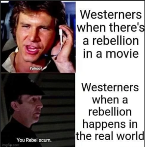 Westerlingen reageren heel anders op een opstand in het echt dan op een opstand in de film...